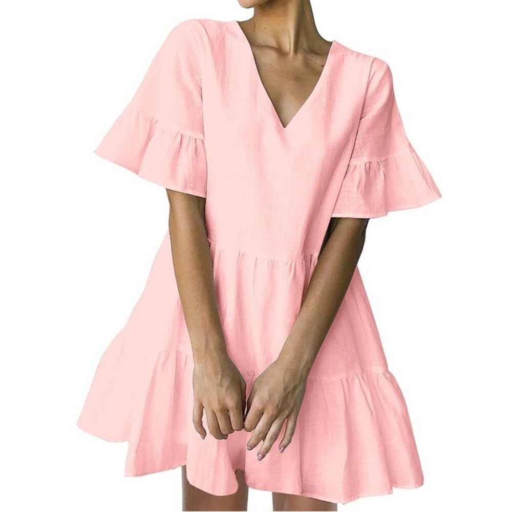 FANCYINN Pink Shift Dress  Pockets Bell Ruffle  Loose Swing Mini Medium